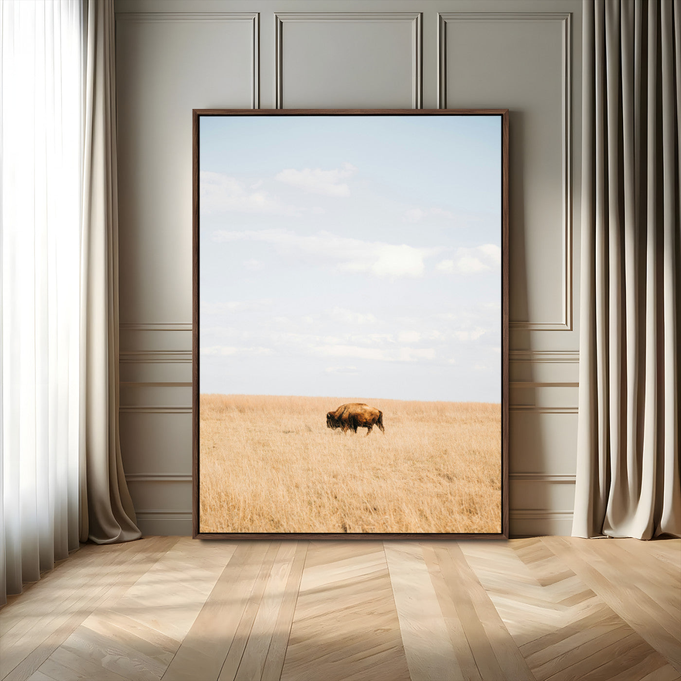 Minimalist Nature Wall Art Canvas Print, Framed Bison In Grassland Art Picture Print, Open Field Perfect Modern Ranch Decor Decor Artwork