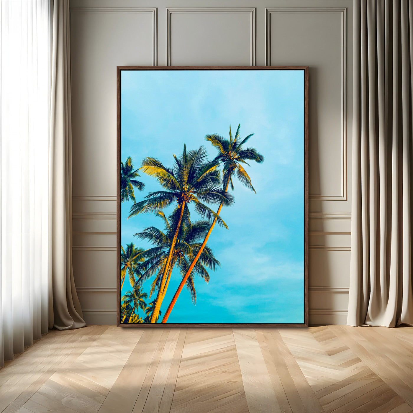 "Tall palm trees with golden sunlight against a vibrant blue sky, creating a tropical, relaxing atmosphere for coastal and beach-themed decor.