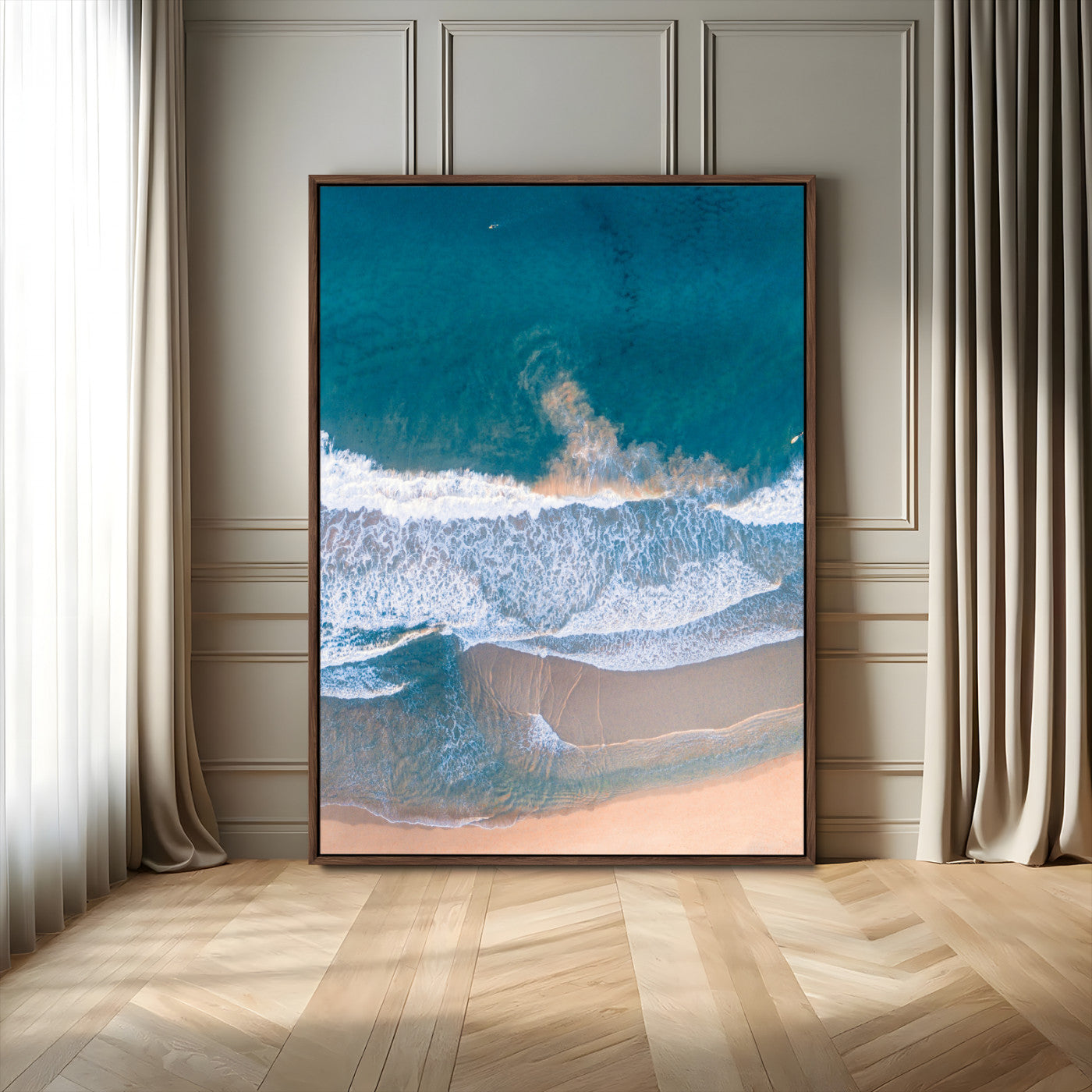 97740681-MGV-FC-24X36_Walnut-Aerial Beach View Wall Art Canvas Print, Framed Ocean Waves Art Picture Print, Coastal Serenity Perfect Coastal Minimalist Decor Artwork