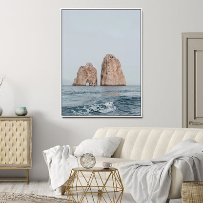 Serene photograph of the Faraglioni rocks in Capri with calm blue waters, perfect for Mediterranean coastal or minimalist travel-themed decor.