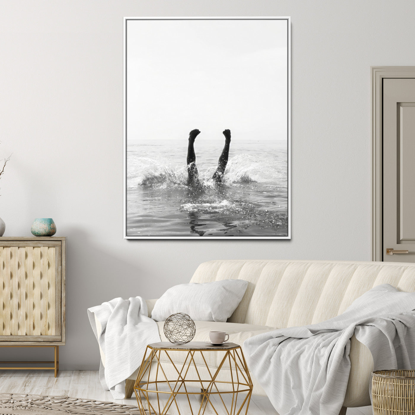 Black and white ocean art featuring a swimmer's legs mid-splash, perfect for minimalist, coastal, or monochrome modern interiors.