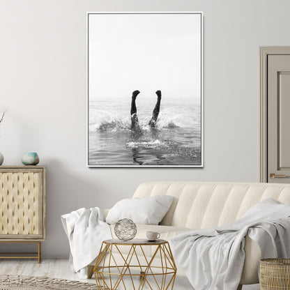Black and white ocean art featuring a swimmer's legs mid-splash, perfect for minimalist, coastal, or monochrome modern interiors.