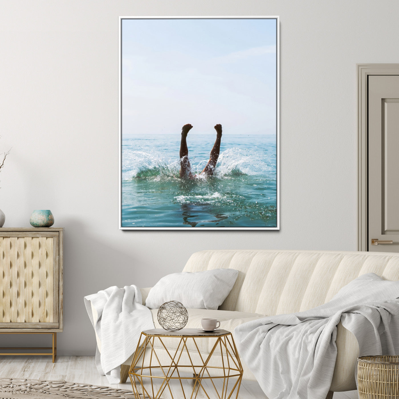 Vibrant ocean canvas of a playful diving splash, ideal for coastal or beach-themed interiors with a lively summer vibe.