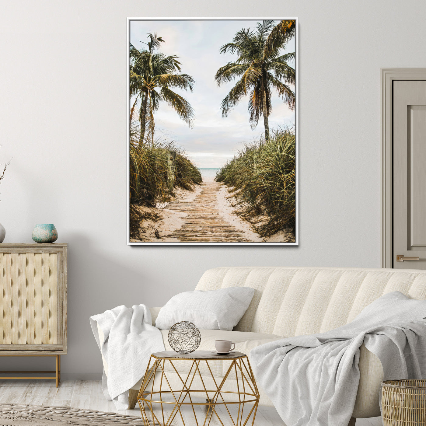 Canvas wall art of a tropical beach path with palm trees and dune grass, ideal for coastal entryways or tropical-inspired home decor.