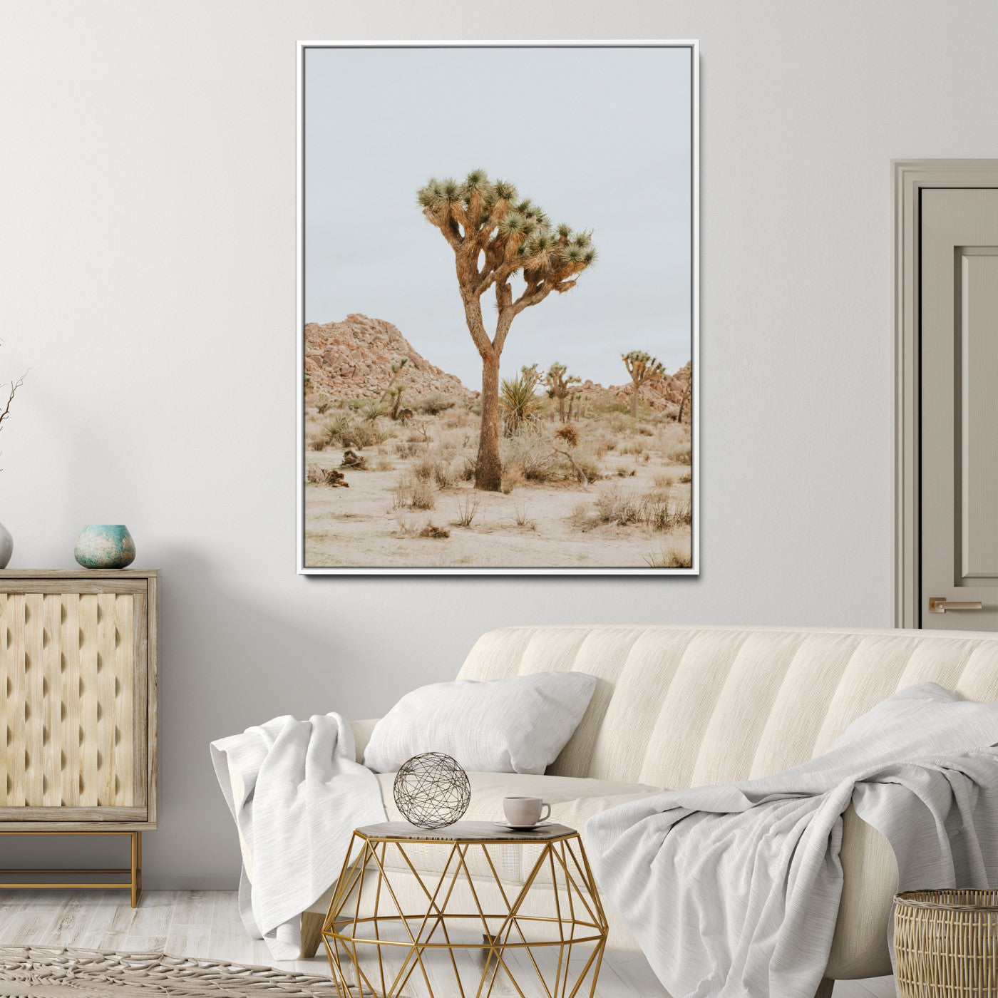 Canvas of a Joshua Tree in neutral desert tones under soft light, ideal for southwestern minimalist or rustic nature-inspired home decor.