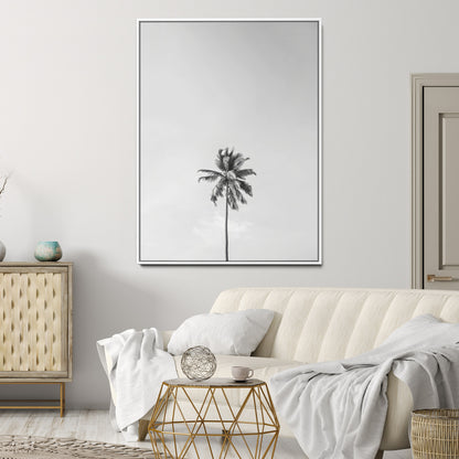 Canvas of a single palm tree in black and white with minimalist sky, ideal for modern coastal minimalist or tropical-inspired home decor.