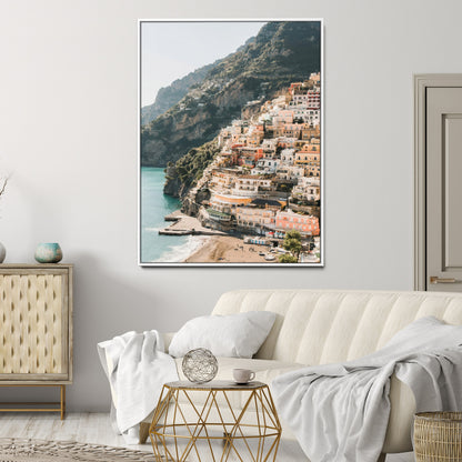 Canvas of colorful cliffside homes in Positano along the Amalfi Coast with warm tones, perfect for Mediterranean coastal or European-inspired home decor.