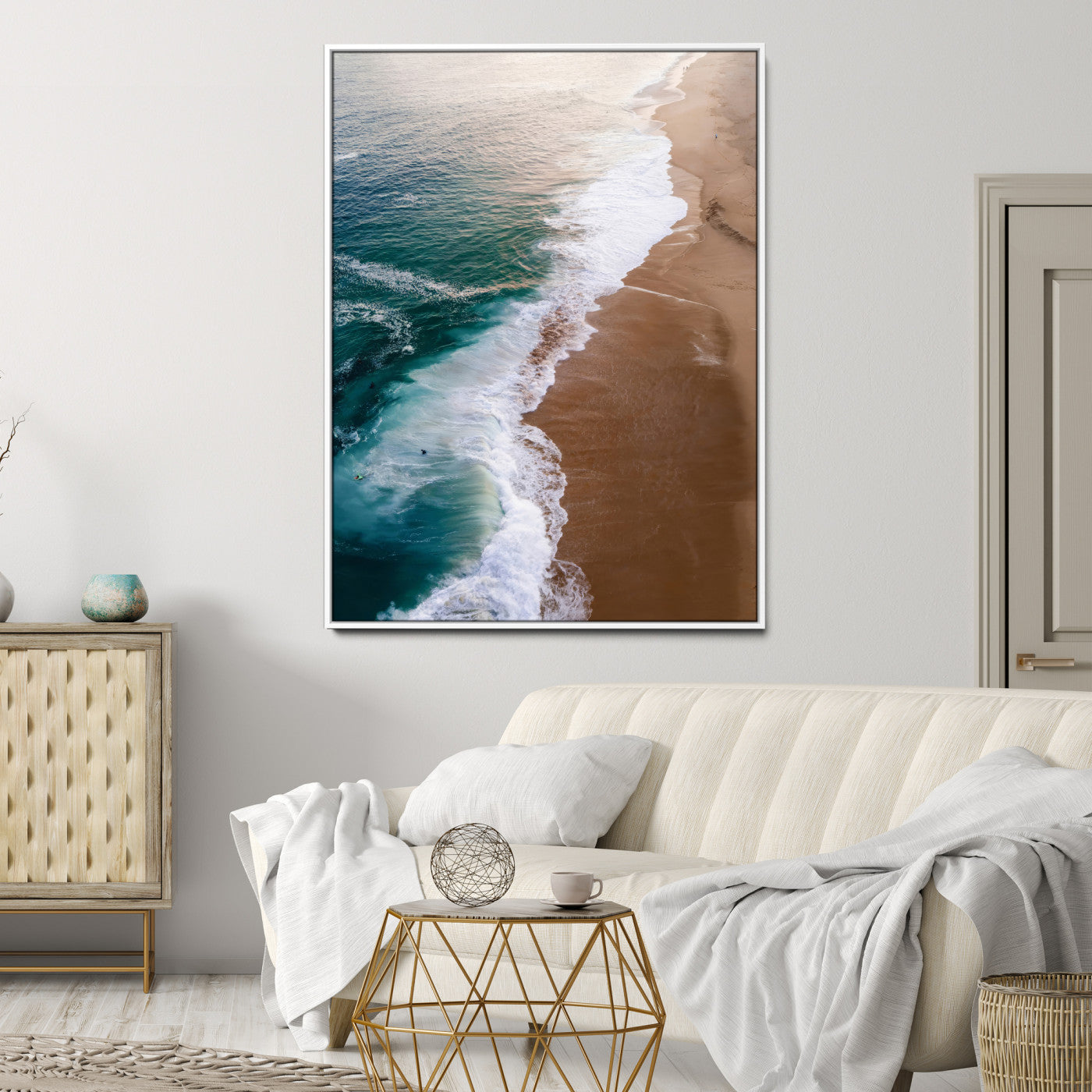 Canvas of a dreamy aerial beach scene with turquoise waves and soft sunset tones, ideal for modern coastal or minimalist home decor.