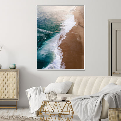 Canvas of a dreamy aerial beach scene with turquoise waves and soft sunset tones, ideal for modern coastal or minimalist home decor.