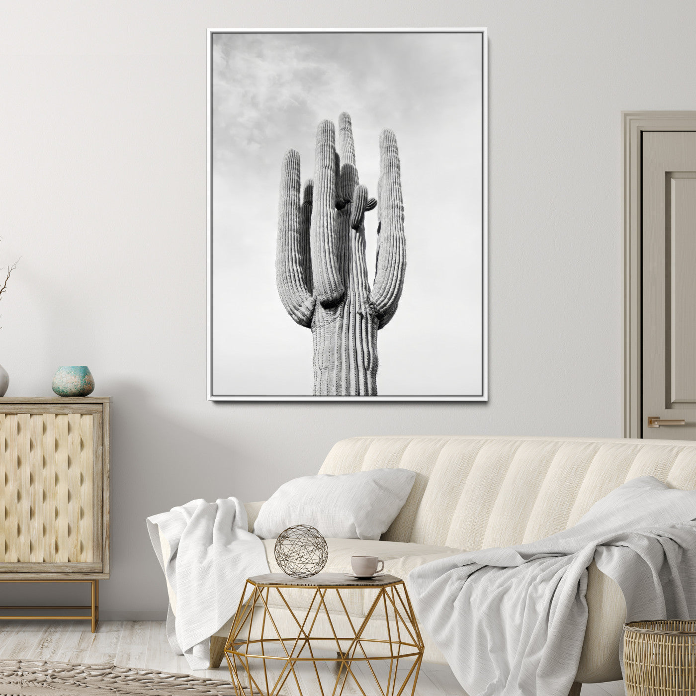 Canvas of a tall saguaro cactus in black and white with moody tones, perfect for southwestern minimalist or modern desert-themed home decor.