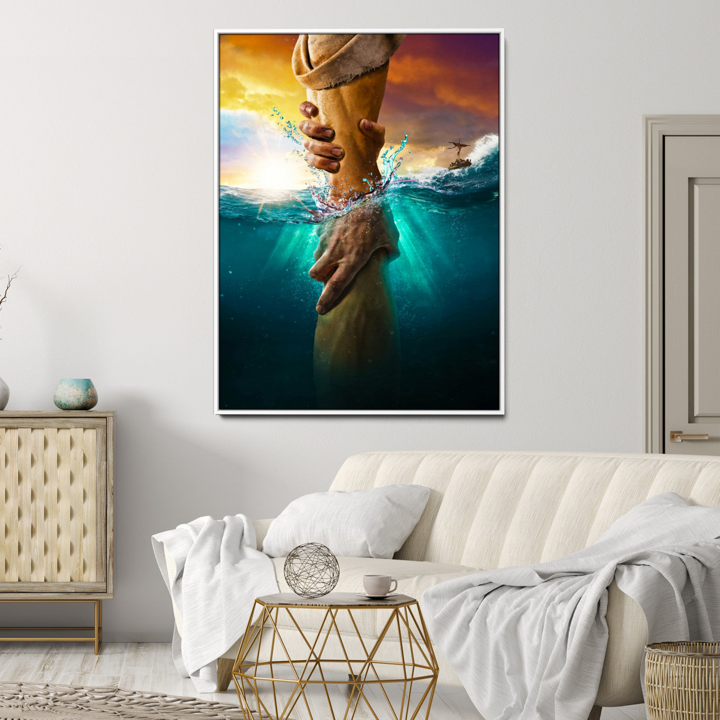 A dramatic scene of a hand reaching underwater and being lifted, symbolizing rescue and faith, ideal for spiritual or Christian wall decor.