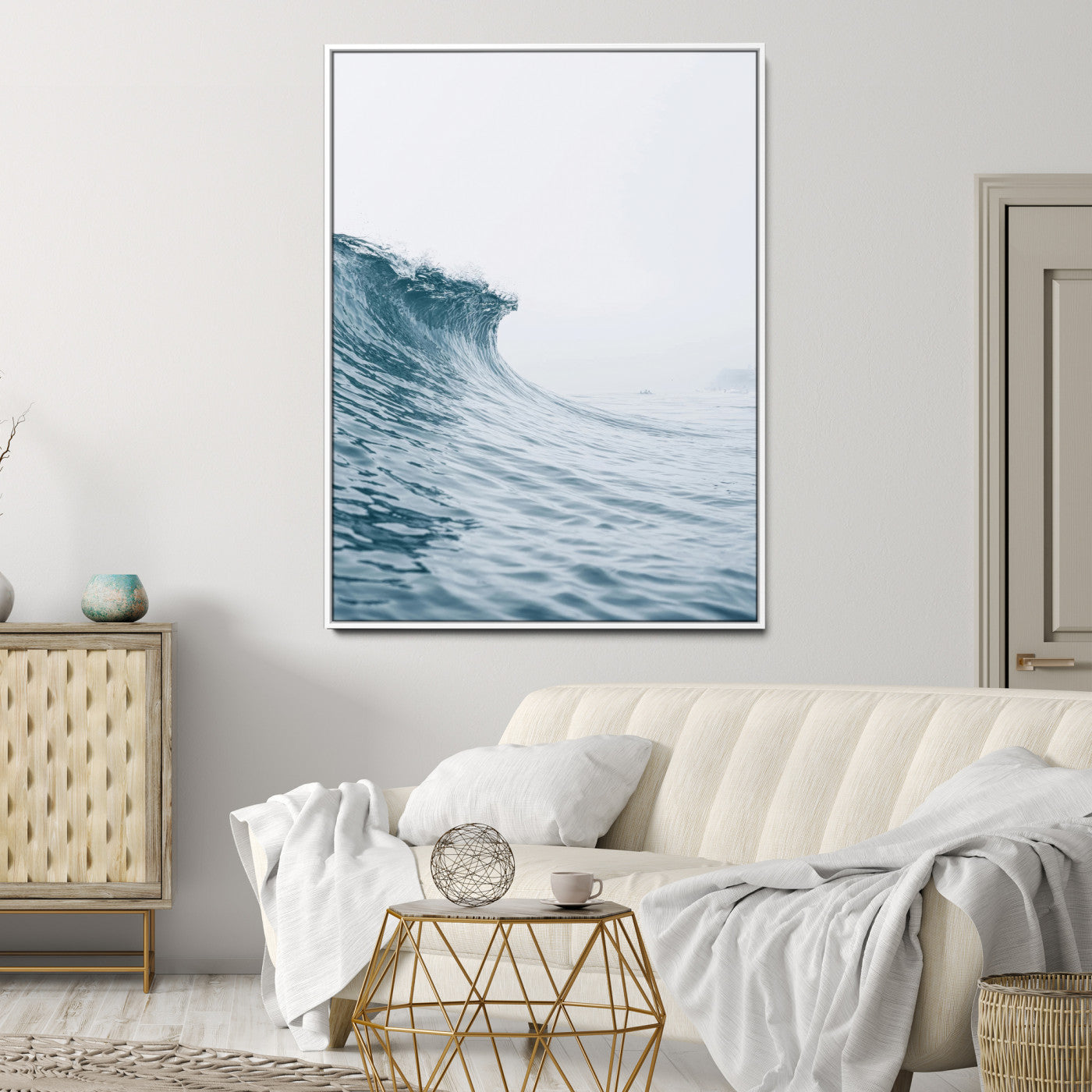 A single ocean wave curling in soft blue tones under a misty sky, ideal for coastal or minimalist home wall decor.