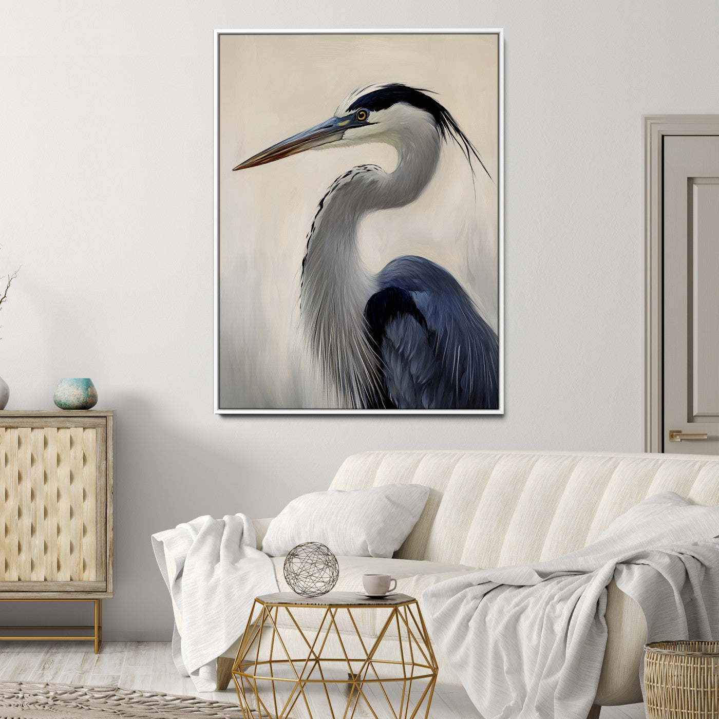 Single blue heron in profile with soft feathers and neutral tones, ideal for tranquil, coastal or nature-inspired interior settings.