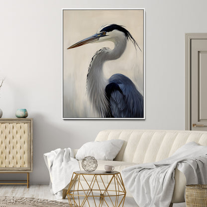 Single blue heron in profile with soft feathers and neutral tones, ideal for tranquil, coastal or nature-inspired interior settings.