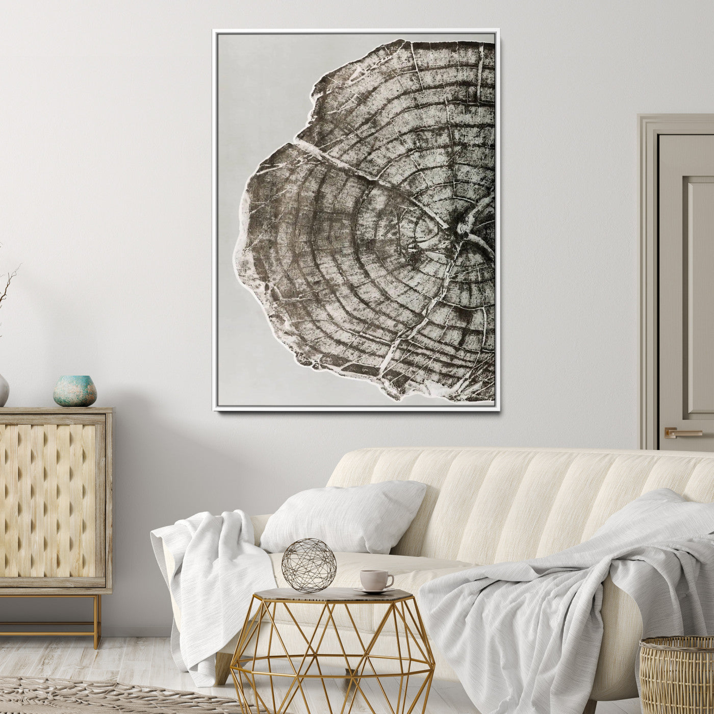 A close-up tree ring cross-section with neutral tones and organic texture, perfect for rustic, modern, or minimalist interior wall decor.