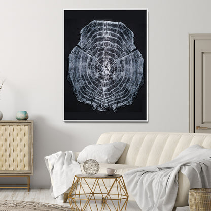 Monochrome tree ring cross-section on black background, showing detailed growth lines, perfect for modern rustic or minimalist interiors. (