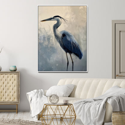 Elegant heron bird standing tall with soft brushstroke texture and muted tones, perfect for coastal or nature-themed home decor.