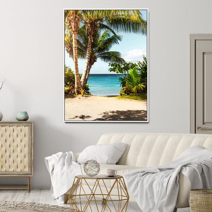 Tropical beach with palm trees, blue ocean, and clear sky, perfect for coastal or beach-themed wall decor in sunny living spaces.