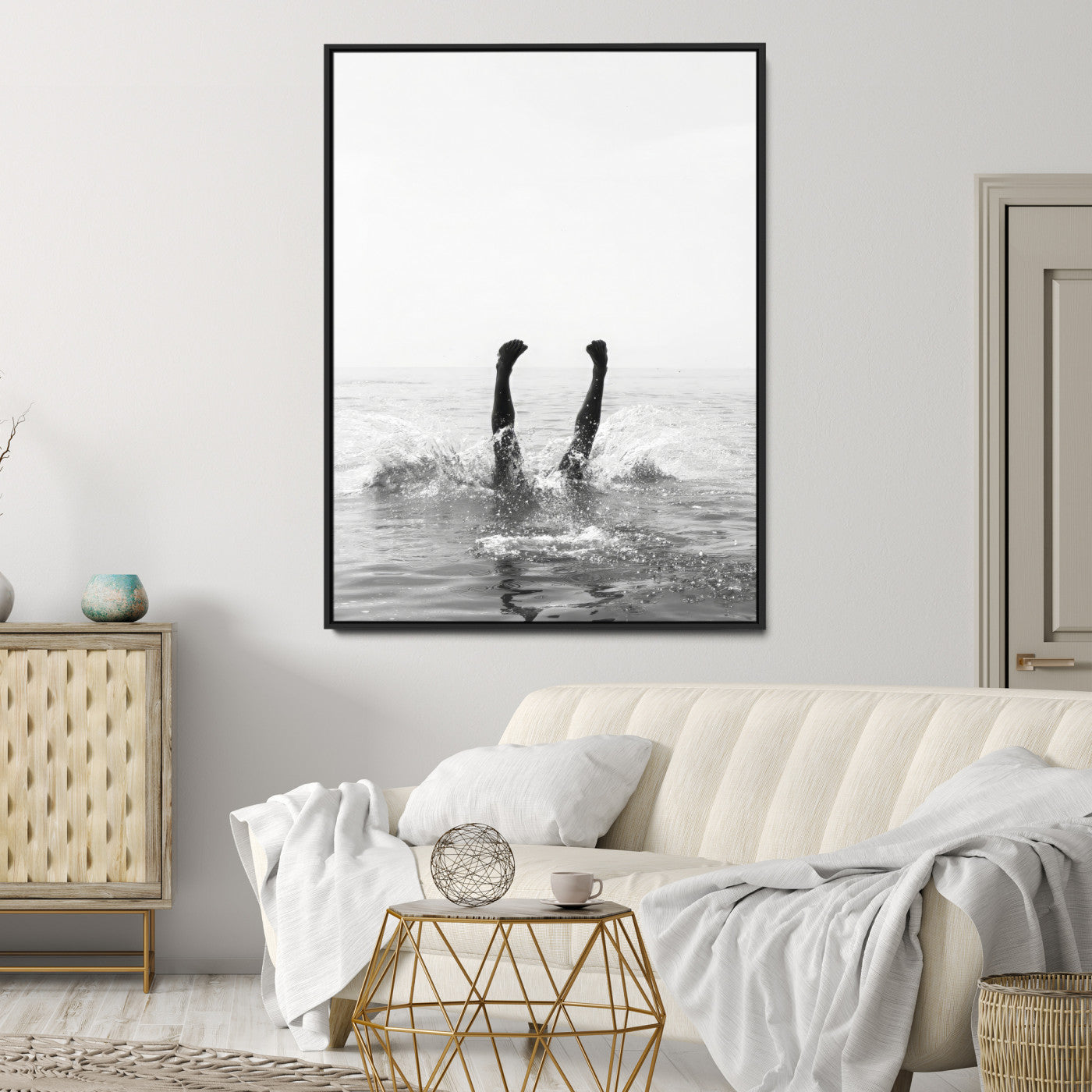 Black and white ocean art featuring a swimmer's legs mid-splash, perfect for minimalist, coastal, or monochrome modern interiors.