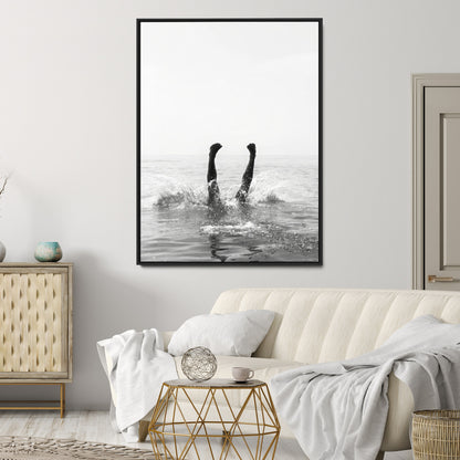 Black and white ocean art featuring a swimmer's legs mid-splash, perfect for minimalist, coastal, or monochrome modern interiors.