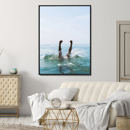 Vibrant ocean canvas of a playful diving splash, ideal for coastal or beach-themed interiors with a lively summer vibe.