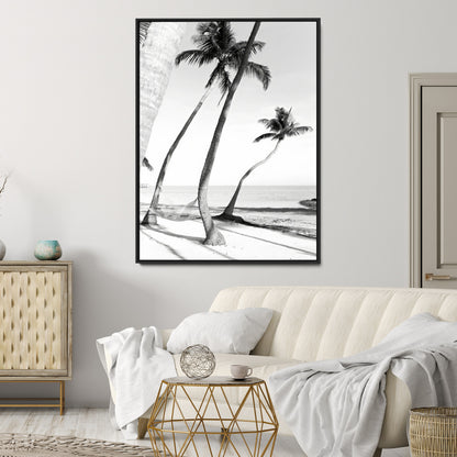 Black and white wall art of palm trees and a hammock on a beach, ideal for coastal minimalist or tropical-themed decor.