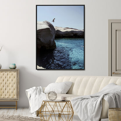 Canvas of a cliff diver above turquoise waters and rocky coastline under clear sky, ideal for adventurous minimalist or coastal home decor.