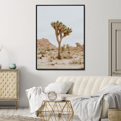 Canvas of a Joshua Tree in neutral desert tones under soft light, ideal for southwestern minimalist or rustic nature-inspired home decor.
