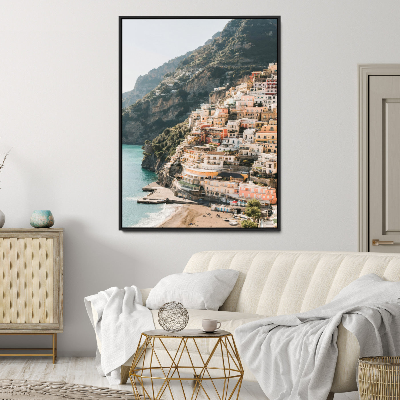 Canvas of colorful cliffside homes in Positano along the Amalfi Coast with warm tones, perfect for Mediterranean coastal or European-inspired home decor.
