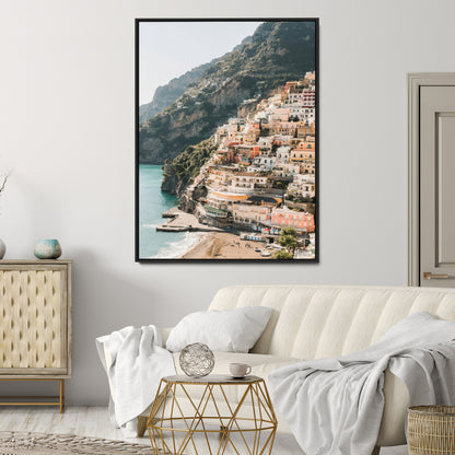 Canvas of colorful cliffside homes in Positano along the Amalfi Coast with warm tones, perfect for Mediterranean coastal or European-inspired home decor.
