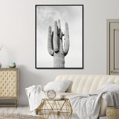 Canvas of a tall saguaro cactus in black and white with moody tones, perfect for southwestern minimalist or modern desert-themed home decor.