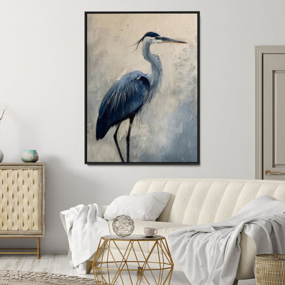 Blue heron standing gracefully on one leg, painted in soft neutrals and cool tones, perfect for modern coastal or nature-inspired decor.
