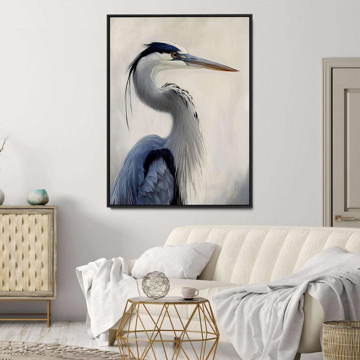 Elegant blue heron in profile with soft brush detail and neutral tones, ideal for nature-themed or coastal minimalist interiors.