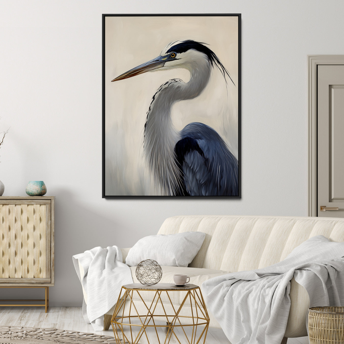 Single blue heron in profile with soft feathers and neutral tones, ideal for tranquil, coastal or nature-inspired interior settings.