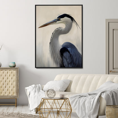 Single blue heron in profile with soft feathers and neutral tones, ideal for tranquil, coastal or nature-inspired interior settings.