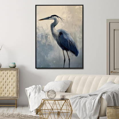 Elegant heron bird standing tall with soft brushstroke texture and muted tones, perfect for coastal or nature-themed home decor.