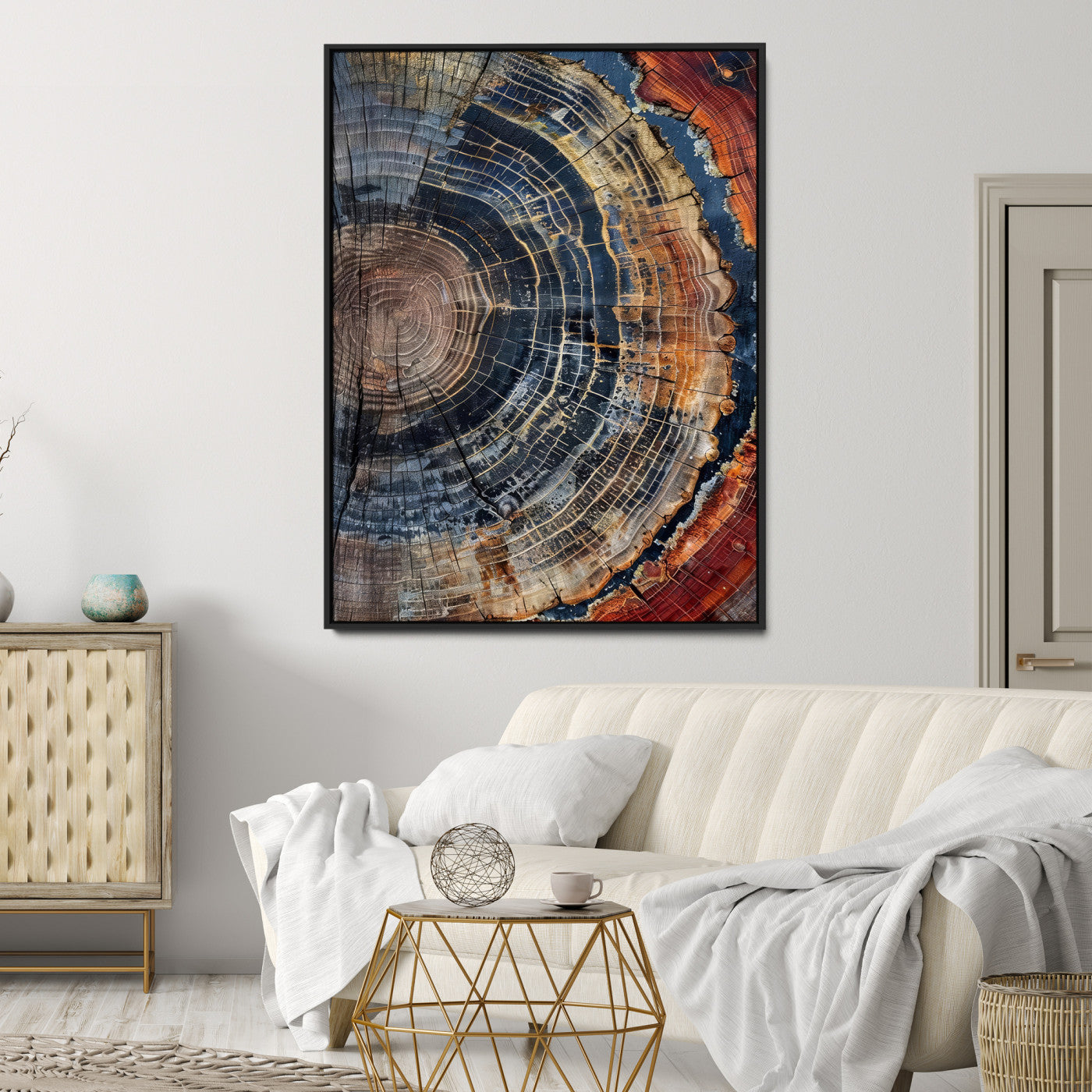 Close-up of a tree ring cross-section showing detailed growth rings in earthy tones, perfect for rustic or nature-inspired home decor.