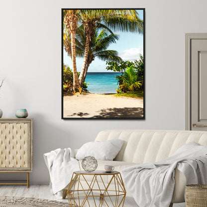 Tropical beach with palm trees, blue ocean, and clear sky, perfect for coastal or beach-themed wall decor in sunny living spaces.
