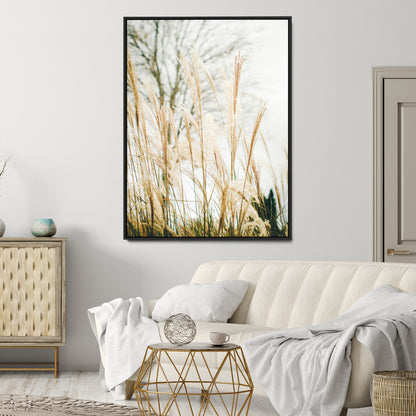 Soft beige pampas grass swaying in the breeze against a muted sky, creating a tranquil and minimalist botanical aesthetic.