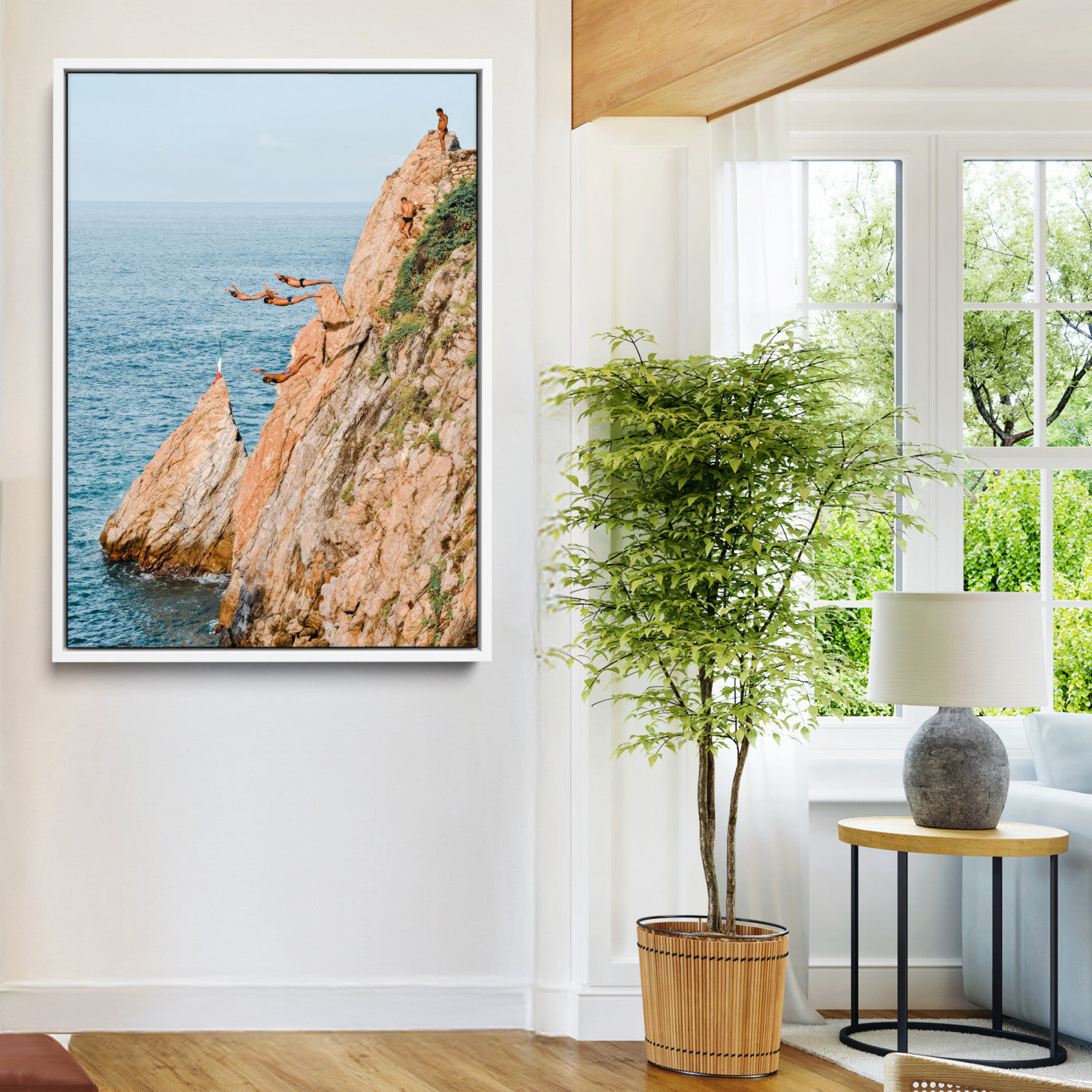Canvas wall art capturing a bold cliff diving sequence into turquoise waters, perfect for vibrant and adventurous coastal or sporty interiors.