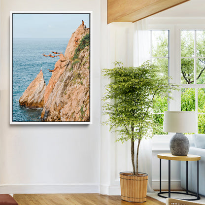 Canvas wall art capturing a bold cliff diving sequence into turquoise waters, perfect for vibrant and adventurous coastal or sporty interiors.