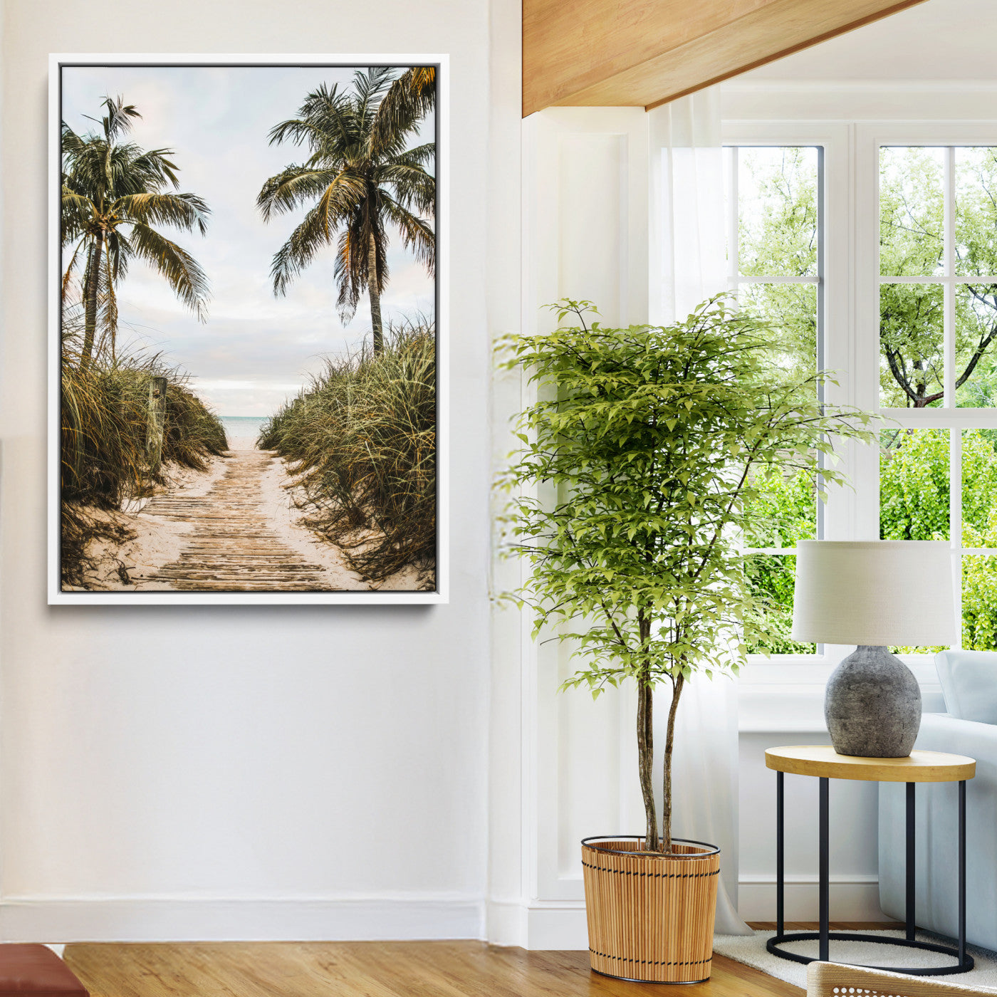 Canvas wall art of a tropical beach path with palm trees and dune grass, ideal for coastal entryways or tropical-inspired home decor.
