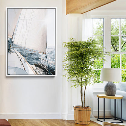 Canvas of a sailboat gliding on a sunlit ocean with white sails and sparkling water, ideal for coastal minimalist or nautical-style home decor.