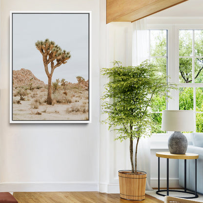 Canvas of a Joshua Tree in neutral desert tones under soft light, ideal for southwestern minimalist or rustic nature-inspired home decor.