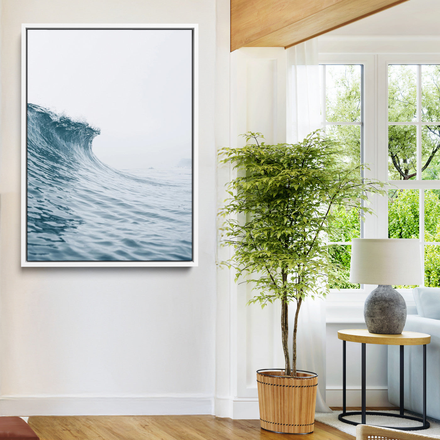 A single ocean wave curling in soft blue tones under a misty sky, ideal for coastal or minimalist home wall decor.