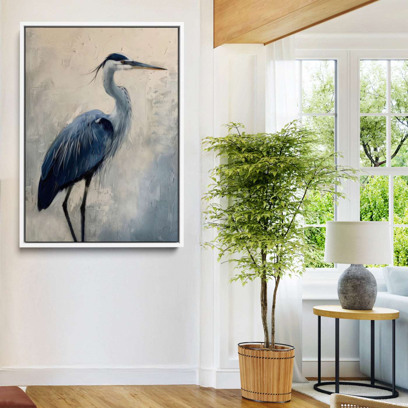 Blue heron standing gracefully on one leg, painted in soft neutrals and cool tones, perfect for modern coastal or nature-inspired decor.
