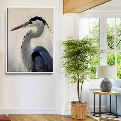 Single blue heron in profile with soft feathers and neutral tones, ideal for tranquil, coastal or nature-inspired interior settings.