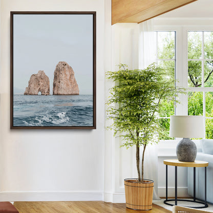 Serene photograph of the Faraglioni rocks in Capri with calm blue waters, perfect for Mediterranean coastal or minimalist travel-themed decor.