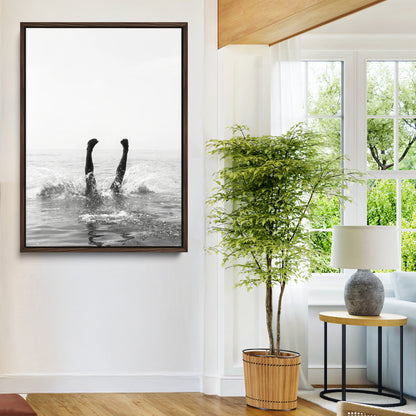 Black and white ocean art featuring a swimmer's legs mid-splash, perfect for minimalist, coastal, or monochrome modern interiors.