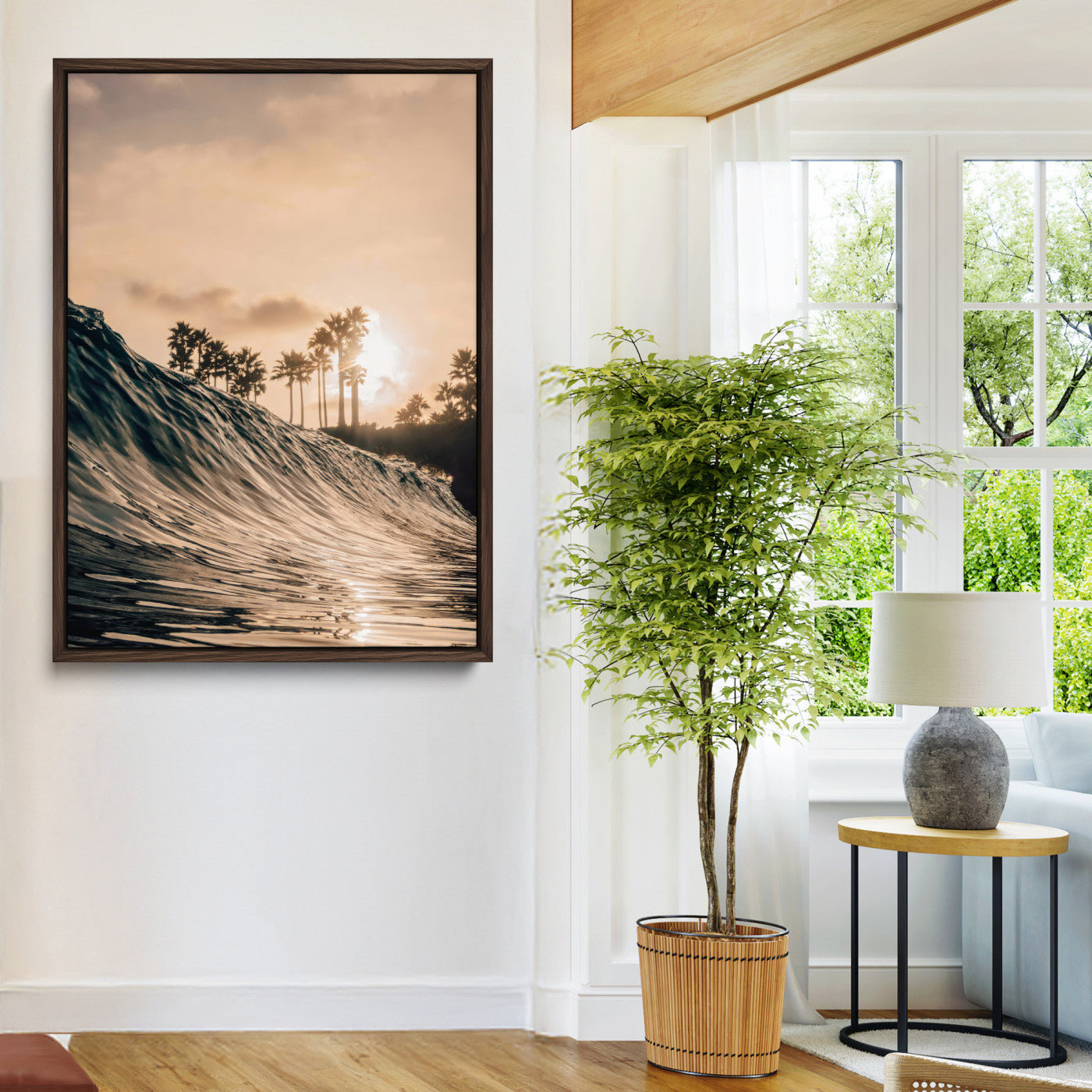 Golden sunset view of an ocean wave curling near palm trees, radiating warm tones perfect for coastal or tropical-themed decor.